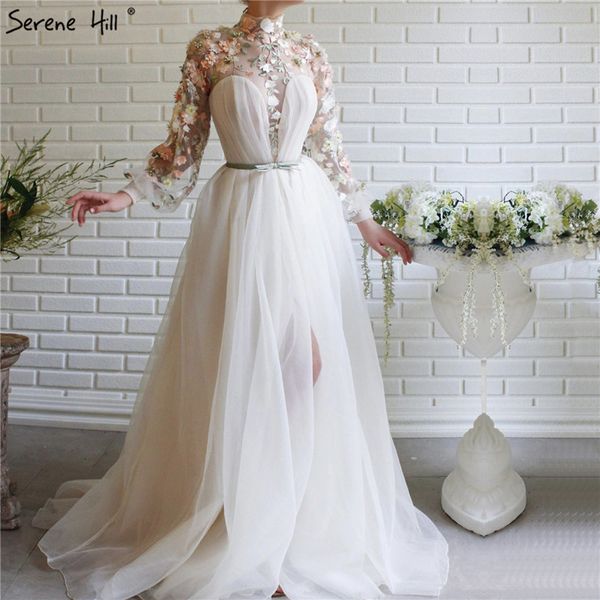 

serene hill champagne handmade flowers pearls evening dress long sleeve high collar formal party gown 2020 cla70446, White;black