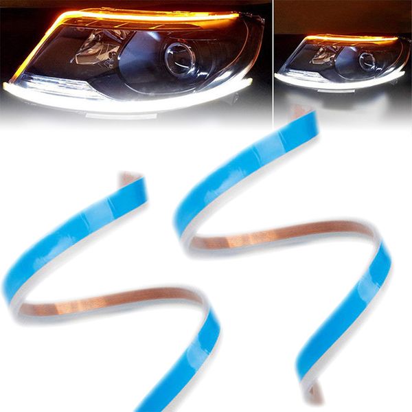 

2pcs cars drl led daytime running lights yellow guide strips carfor headlight sequential flowing amber turn signal lights