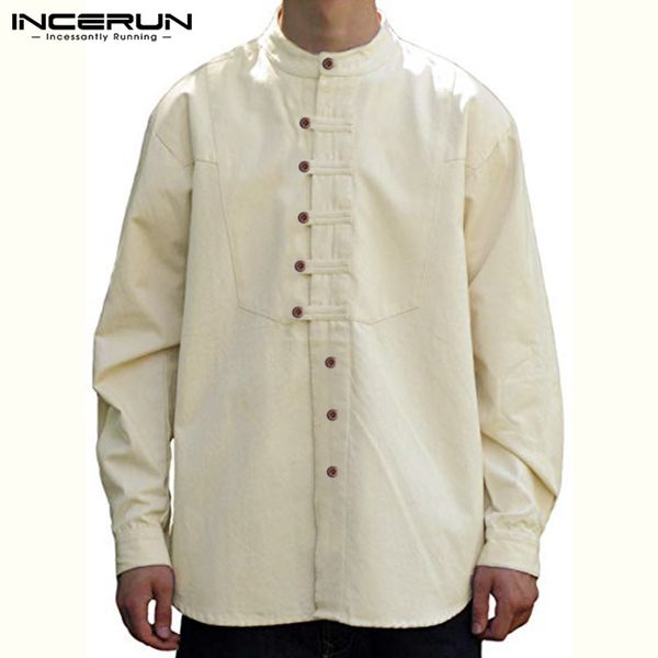 

2019 long sleeve men shirt button vintage cotton casual stand collar camisa retro solid chinese shirts men incerun, White;black