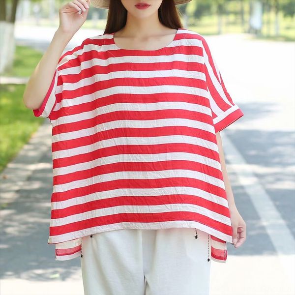 

summer clothes t-shirt coat 2020 loose large size artistic color matching striped short-sleeved t-shirt women's fat mm, White
