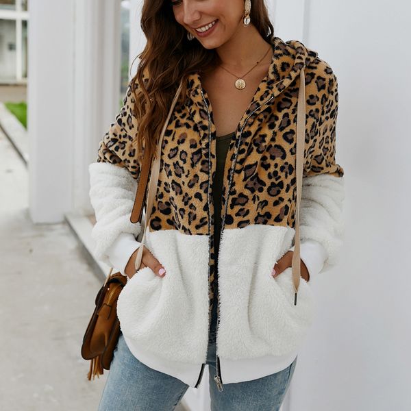 

leopard hooded sweatshirts zipper long sleeve hoodies warm outwear casual 2019 autumn winter fashion coats streetwear s-xl, Black