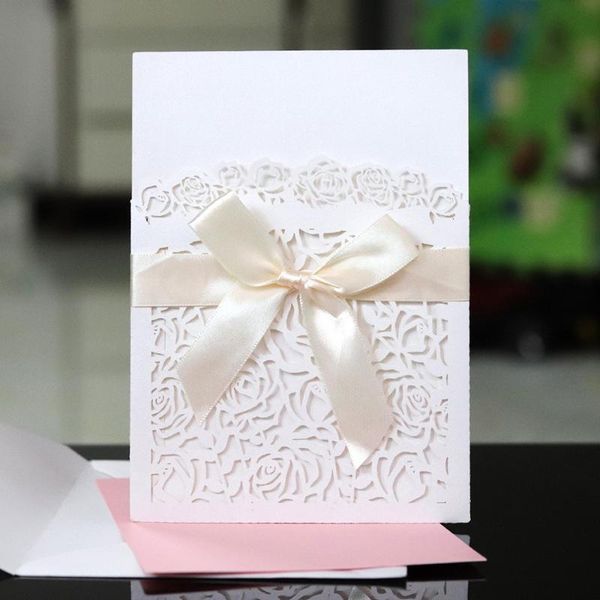 

10pcs 18*12.5cm laser hollow rose group pocket wedding invitation with bow invitation card decoration business party card