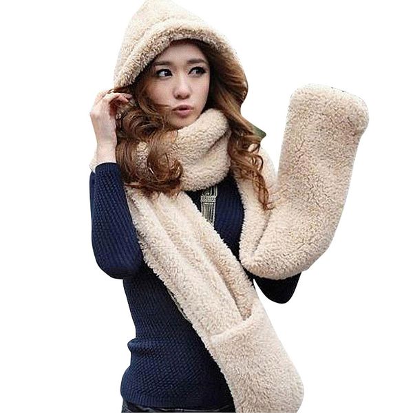 

winter female warm soft plush faux fur hooded cap set hat scarves scarf gloves a nice gift for woman girl, Blue;gray