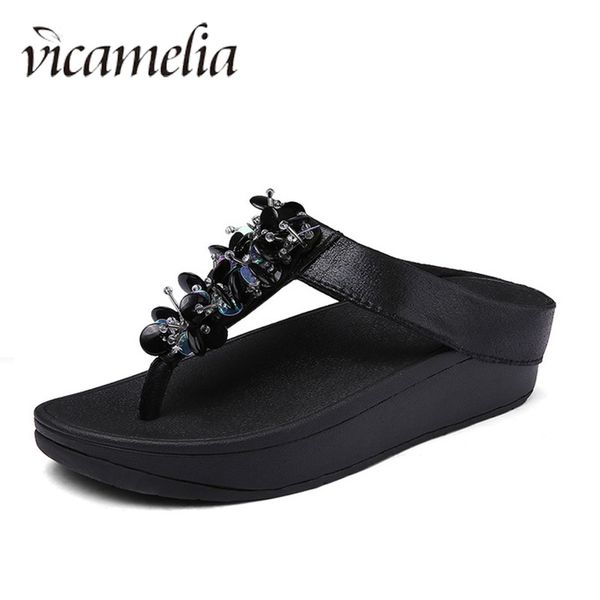 

vicamelia 2019 summer fashion platform beach slippers casual women gloss butterfly decoration wedge filp flop 806, Black