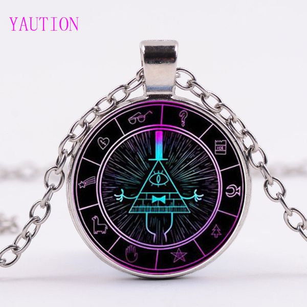 

3 colors glass necklace steampunk drama gravity falls mysteries bill cipher wheel time gems pendant necklace, Silver