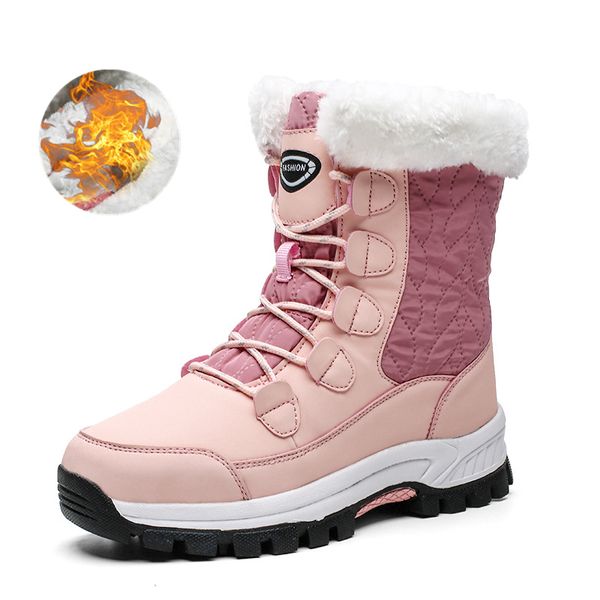 

2019 snow boots women winter shoes woman pink leather furry boots platform snow lace up warm winter p151, Black