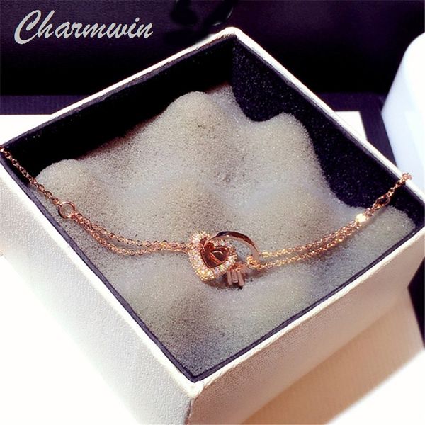 

new fashion korean charm bracelets for women exquisite rhinestones heart bracelets rose gold color accessories female, Golden;silver