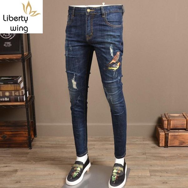 

fashion mens hole ripped jeans animal printing casual stretch slim denim pants men spring fall patchwork trousers male, Blue