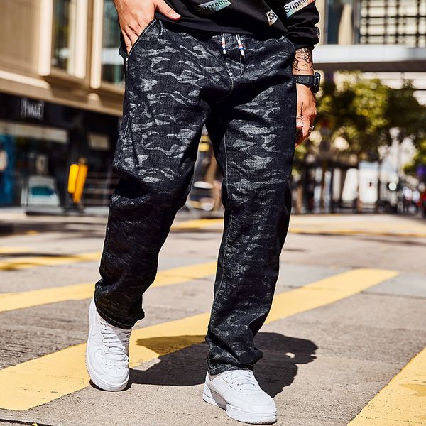 

plus size 30-40 42 44 46 camouflage straight denim pants fashion pantalon femme trouser drawstring cotton streetwear camo pants, Blue