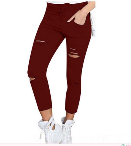 

designer women slim ripped capris fashion hole casual cotton nine points pencil pants female skinny pants with elastic waist 6 colors s-4xl, Black;white