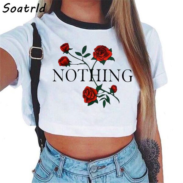 

women's nothing letter rose crop short sleeve t shirts women brand new casual tees summer female t shirt cute cropped top, White