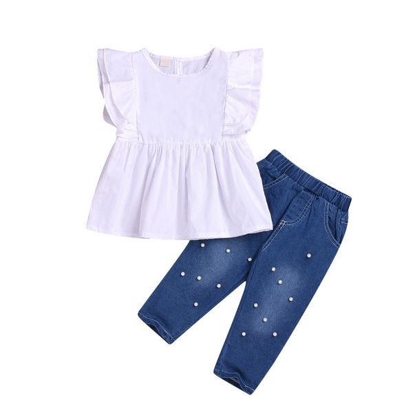 

baby girl clothes summer baby toddler girl sleeveless solid print t-shirt blouse denim trousers pants casual outfits, White