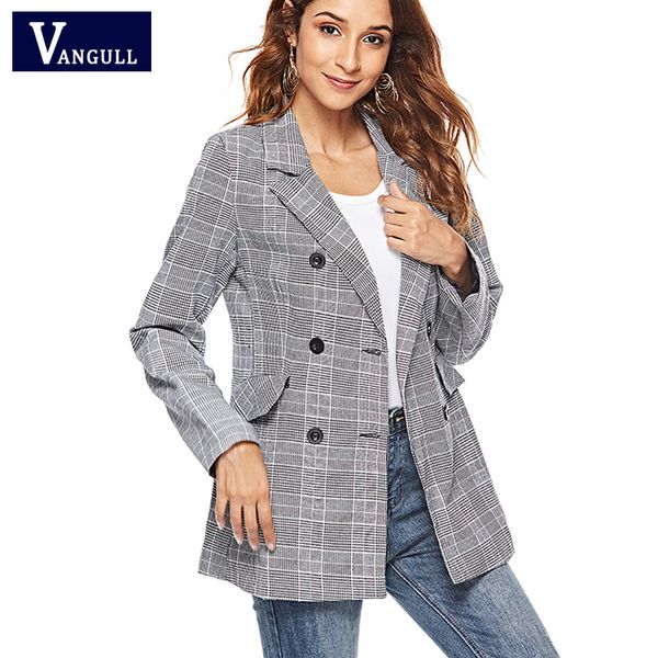 

vangull spring autumn women plaid blazer long sleeve double breasted slim checked coat formal jacket office suit lady outerwear, White;black