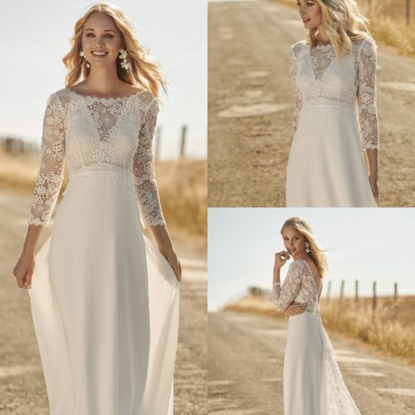 Рембо стилизирование шифоновые свадебные платья с длинным рукавом a Line Boho Country Bridal Howns кружев