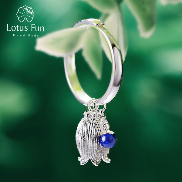 

lotus fun real 925 sterling silver natural lapis gemstone creative vintage fine jewelry fresh redbud bell flower rings for women cj191205, Slivery;golden