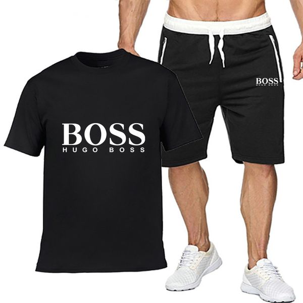 

summer bosses mens tracksuit hugo printed men stall collar o-neck short sleeves pullover with casual jogger pants suits homme sportsuit, Gray