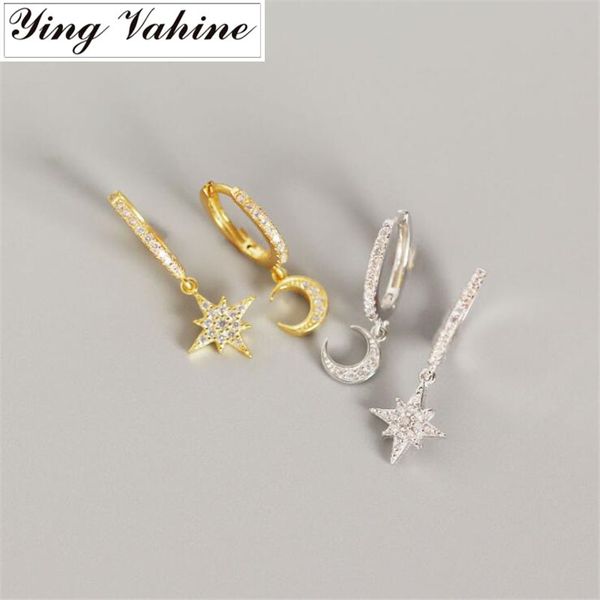 

ying vahine 100% 925 sterling silver moon and star asymmetric pendant stud earrings for women, Golden;silver