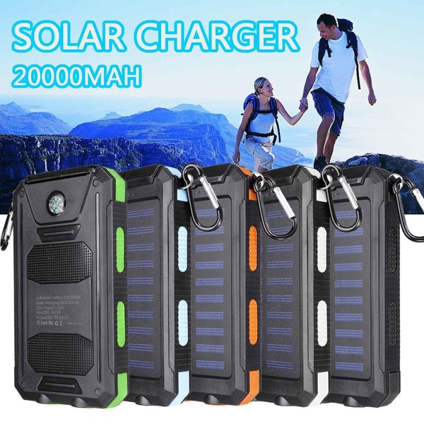 

20000mah waterproof portable solar power bank cell phone solar charger dual usb charging ports led light carabiner compasses