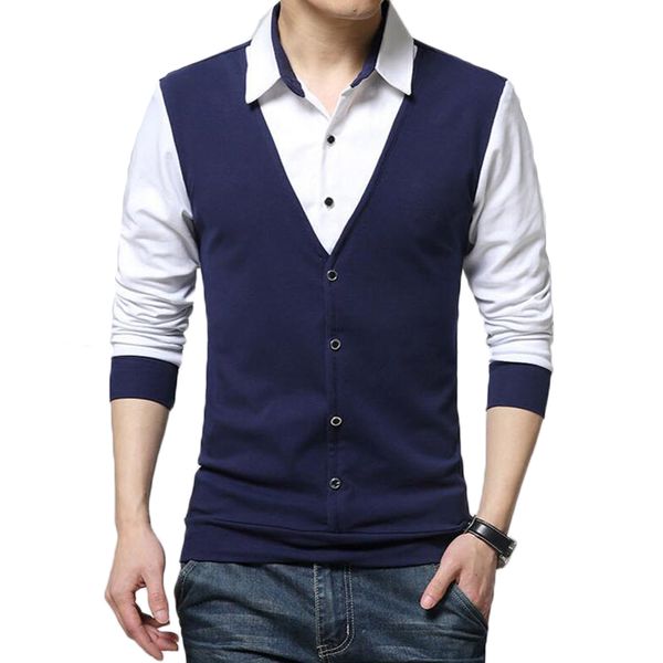 

shirts men fashion fake two designer clothing mens casual spring autumn turn down long sleeve slim fit korean tee shirt, White;black