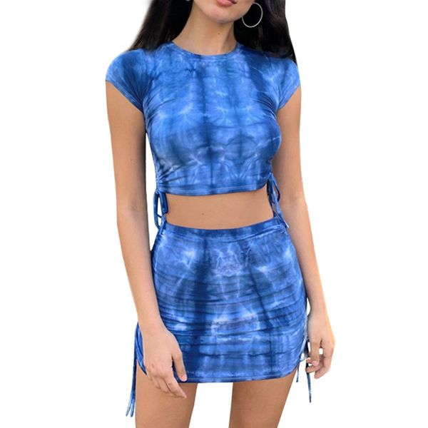 

women 2 piece tie tie dye drawstring tight skirt suit casual club suit, White
