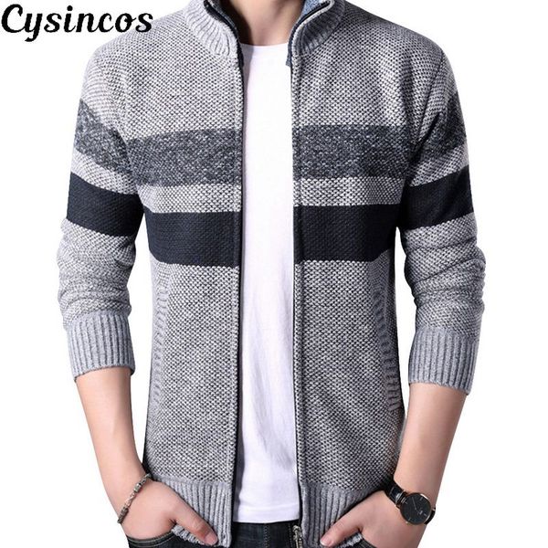 

cysincos2019 толстые sweatercoat мужчины полосатый стенд воротник zipper свитер пальто верхняя одежда зимняя флис кашемир liner свитера, White;black