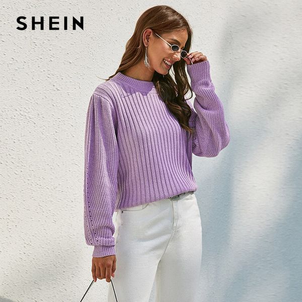 

шеин фиолетовый твердые ребристые вязать епископ рукав свитер женщин топы осень зима o шеи падение плеча случайные свитера, White;black