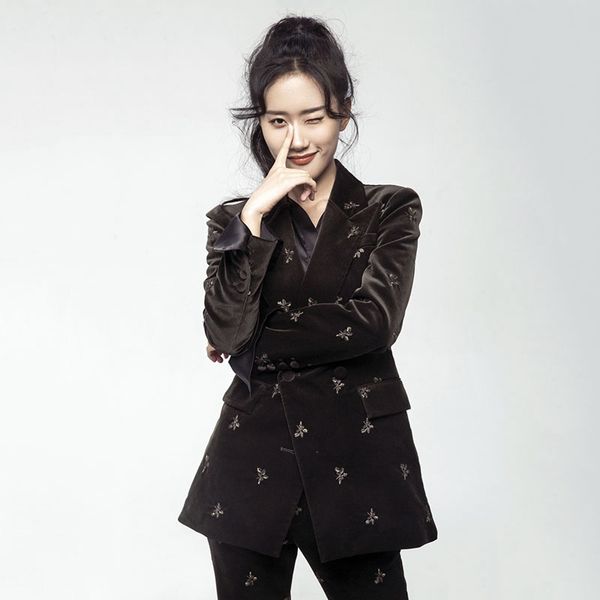 

women's suits & blazers suit black gold velvet double-breasted 2-piece jacket + pants high-end slim fit dress, White;black