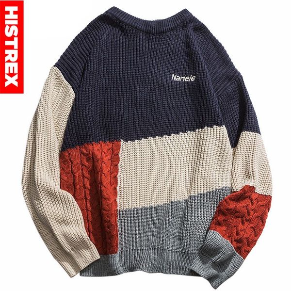 

men hip hop pullover sweater streetwear harajuku retro color block patchwork knitted striped sweater autumn 2020 cotton, White;black