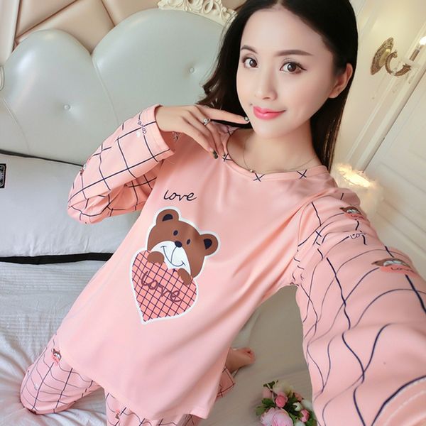 

wholesale thin pajamas sets spring autumn women long sleepwear suit cute cartoon pattern women female sleepwear, Blue;gray