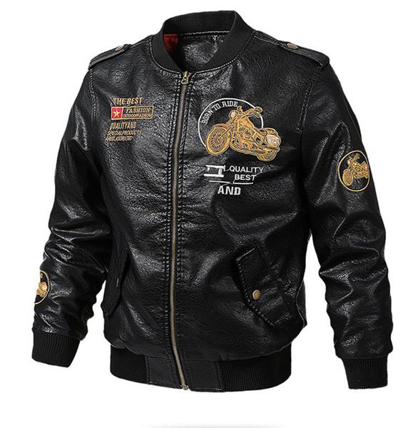 

Spring Mens Designer PU Jackets Fashion Embroidery Mens Stand Collar Outerwear Casual Solid Faux Leather with Zipper