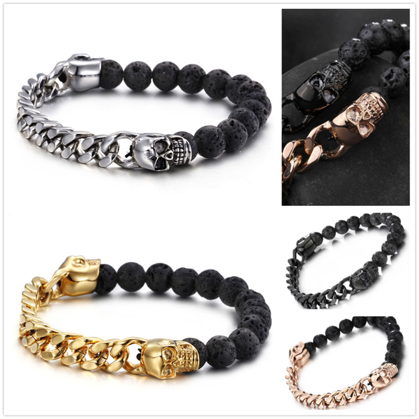 

punk bracelet natural stone beads stainless steel chain bracelets animal charms bangle skull bracelet 8mm lava stone men jewelry, Black
