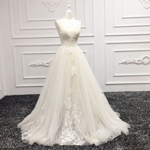 

exquisite deep v-neck a-line wedding dresses sweep train lace appliques beautiful wedding dresses crystals beading abiti da sposa, White
