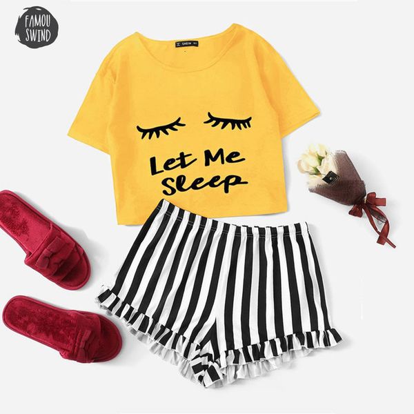 

летняя пижама женщина graphic tee и оборки полосатых шорты пижама имбирь шея с коротким рукавом 2019 наборов, Black;red
