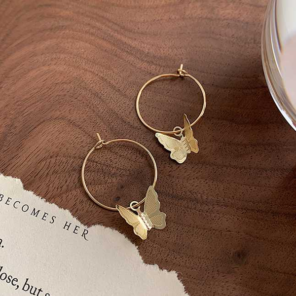 

fflacell 2020 new fashion vintage chic gold round circle metal butterfly stud earrings for women girls jewelry, Golden;silver