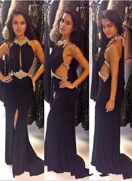 

2019 o-neck slim mermaid prom dresses beaded crystal split formal special occasion party gowns custom sleeveless black evening gowns