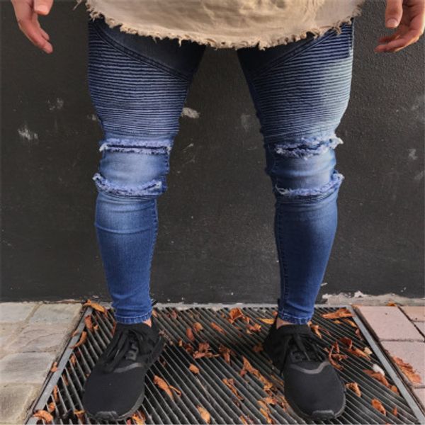 

new fashionable men's casual high street slim blue jeans pleated knee holes small feet men's trousers flash sale