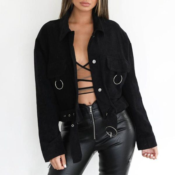 

2019 autumn spring women corduroy thin slim coat short jacket ring pockets retro cool belted solid long sleeve loose jacket, Black;brown