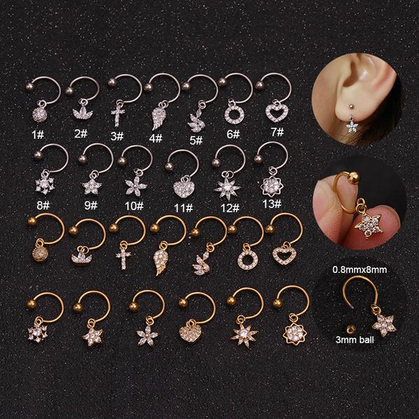 

sellsets 1pc 20g stainless steel horseshoe ring with tiny cz pendant helix piercing jewelry cartilage rook lobe earring, Slivery;golden
