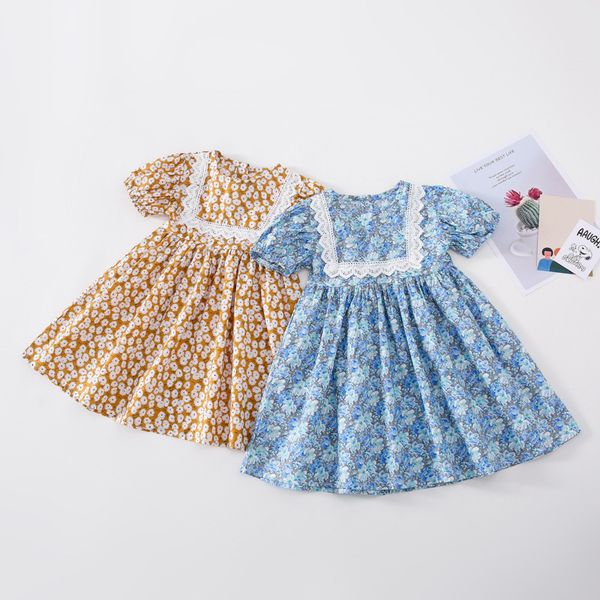 

girls dress 2020 summer new girls treasure floral dresses korean girl retro lace puff sleeve dress, Red;yellow