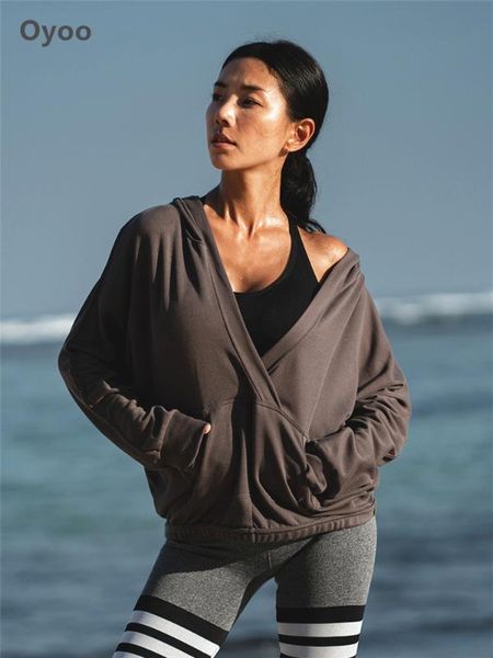 

oyoo cotton women hoodie grey cozy running training pullover loose sweatshirt soft sports wear v neck sports sweater yoga jacket, White;black