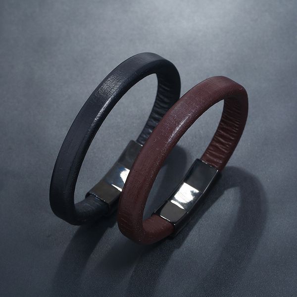 

new simple handmade men punk fashion stainless steel charm bracelets cowhide leather bangle jewelry christmas gift, Black