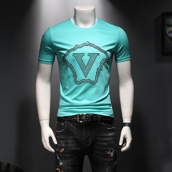 

2020 summer new men's bronzing string round neck short sleeve t-shirt slim wild half-sleeved bottoming shirt t-shirt men size m-3xl, White;black