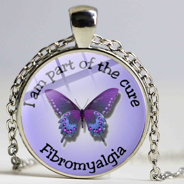 

fibromyalgia awareness statement necklace fashion purple ribbon butterfly glass dome pendant silver chain necklace