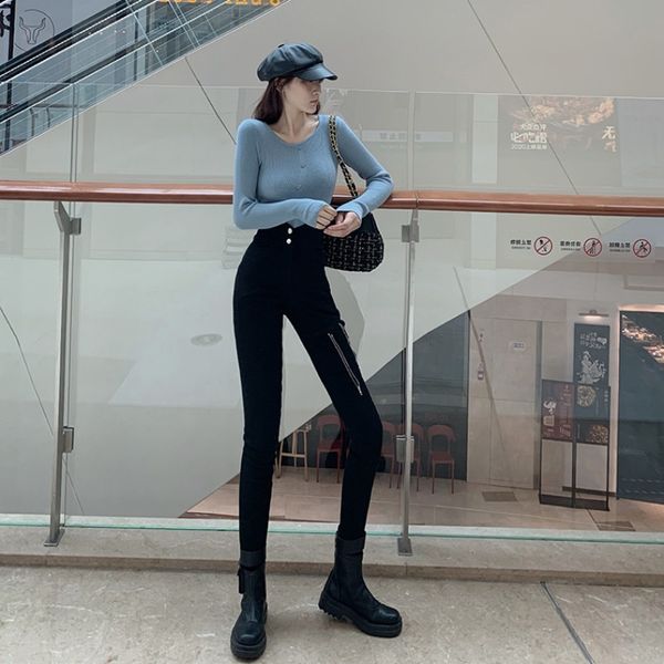 

черный высокой талии карандаш брюки 2020 осень новый стиль большие длинные ноги все-матч штаны дизайн zipper ноги брюки женщин, Black;white