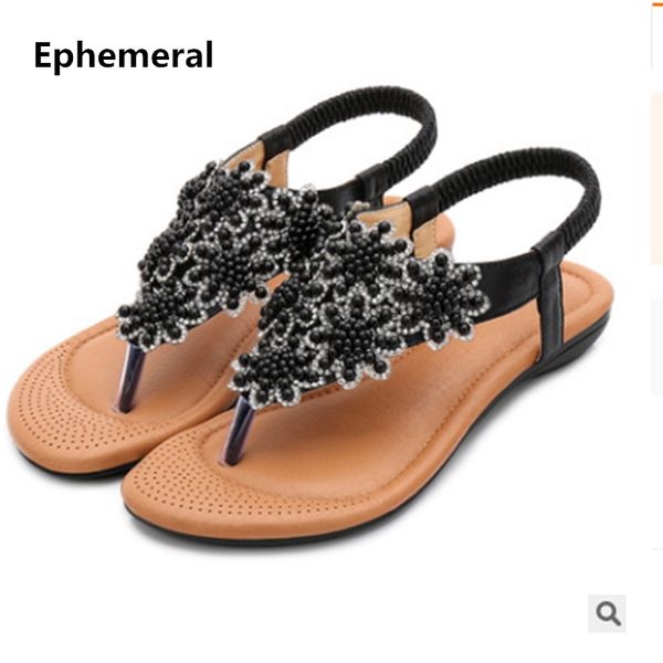 

ladies chinese ethnic bohemia sandals crystal flowers thongs shoes back strap elastic band summer flip flops gold silver 41- 35, Black