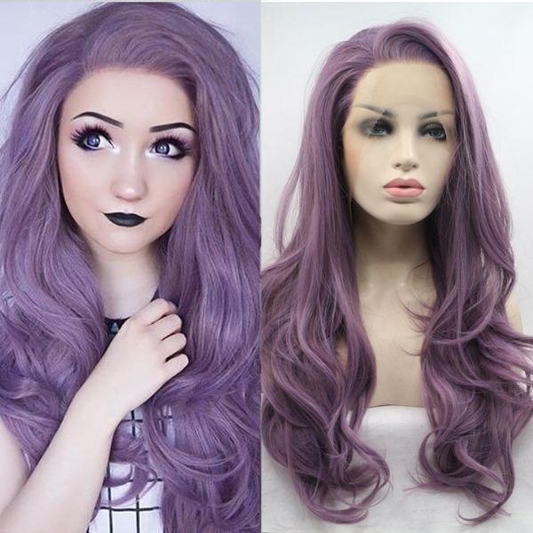 

ailiade synthetic lace front wigs for women mix purple long wavy part soft purple wig heat resistant, Black