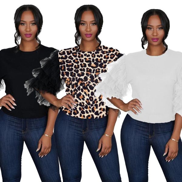 

spring summer new style women clothes ruffles spliced sleeve fashion tees o-neck slim fit fashion casual style lady, White