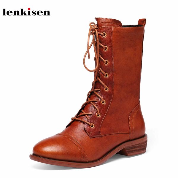 

lenkisen genuine leather vintage boots round toe med heels fashion lace up handsome winter keep warm women mid-calf boots l0f4, Black