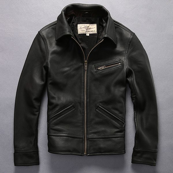 

avirexfly men leather jacket vintage brown genuine cowskin style turn down collar motorcycle jackets winter coats, Black