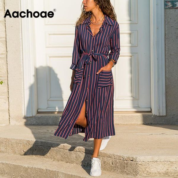 

fashion striped midi dress summer turn down collar bandage casual dresses lady long sleeve pockets beach dress vestido mujer, Black;gray